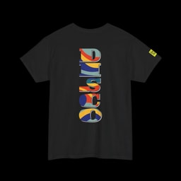 DISCO Stack t-shirt – Back Print Retro Letters with Front Print Roller Disco Mascot