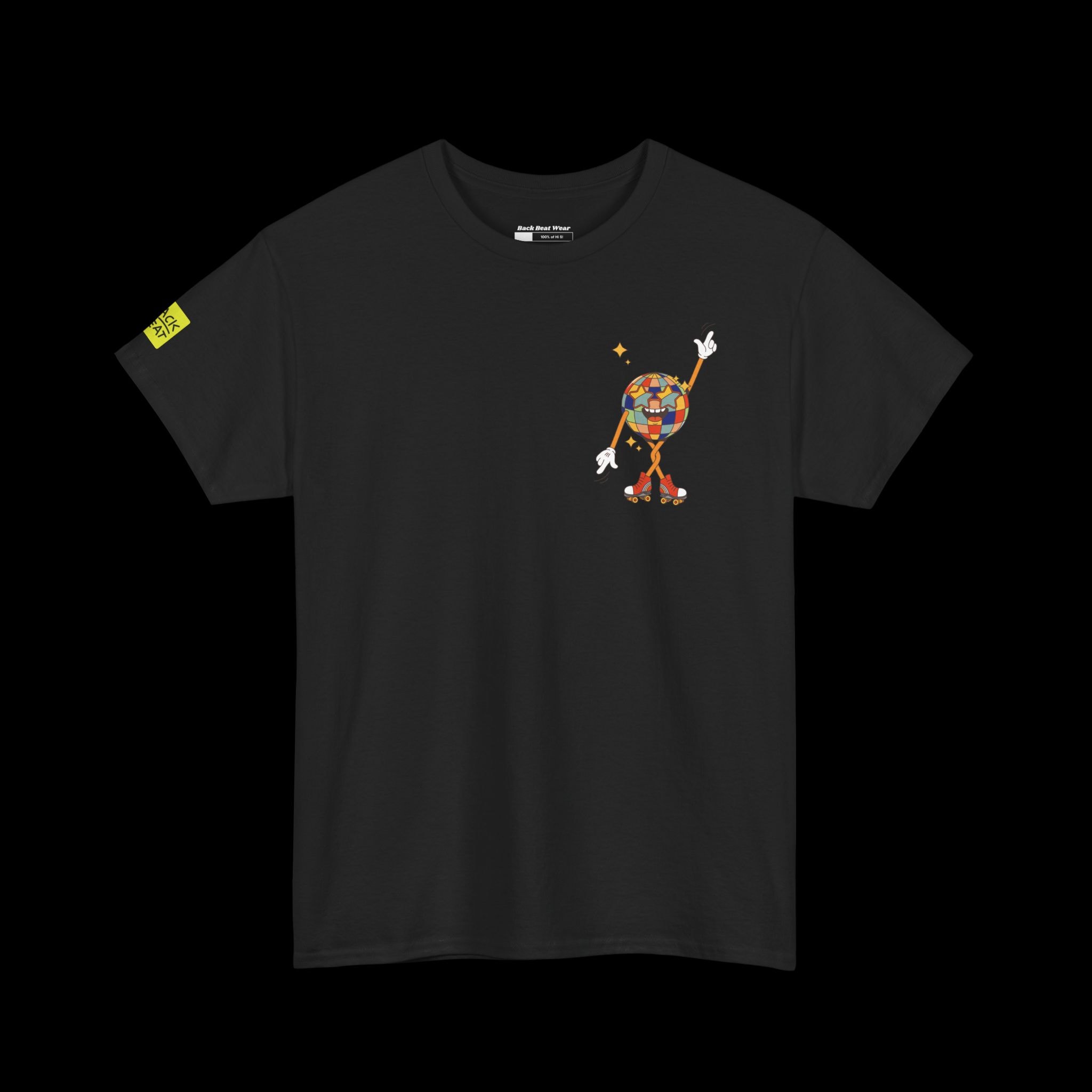 DISCO Stack t-shirt – Back Print Retro Letters with Front Print Roller Disco Mascot