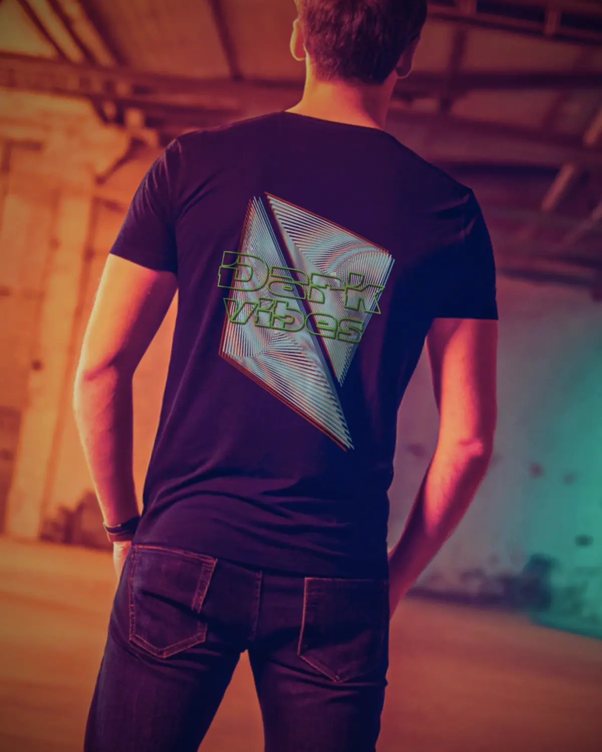 Backbeat Wear graphic tee worn by model in warehouse setting