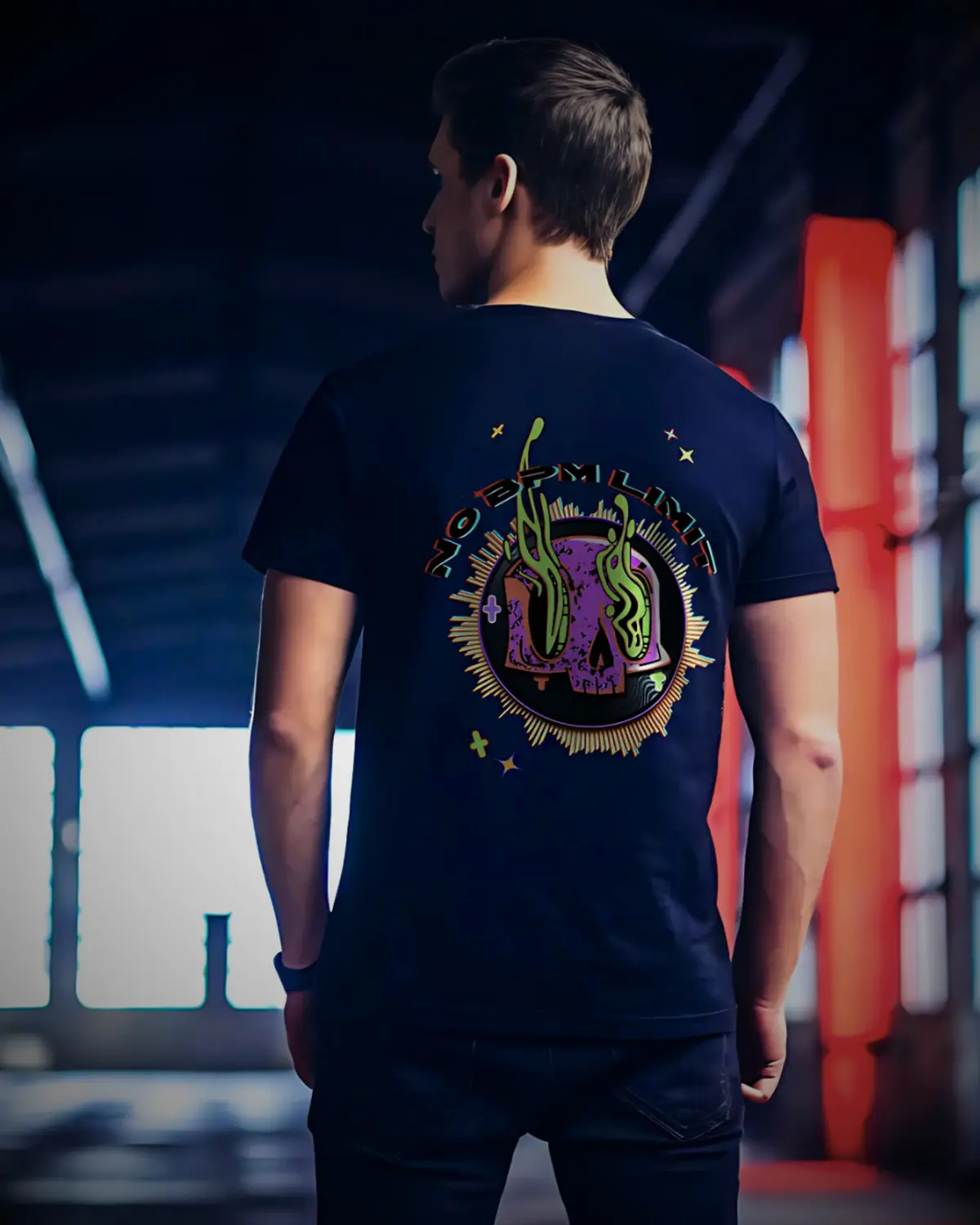 Backbeat Wear graphic tee worn by model in atmospheric warehouse setting